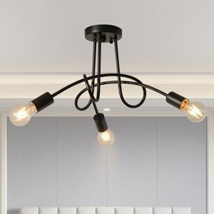 Modern Farmhouse Chandelier,22 Inch 3 Light Sputnik Semi Flush Mount Ceiling Light, Metal Black Rustic Light Fixture for Dining Room Bedroom Kitchen Hallway Entryway