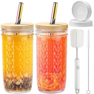 2 Pcs Glass Cups Set - 24oz Mason Jar Drinking Glasses with Bamboo Lids & Straws & 2 Airtight Lids, Cute Reusable Smoothie cup, Iced Coffee Glasses, Travel Tumbler for Bubble Tea, Juice