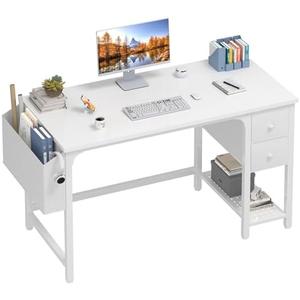 Lufeiya White Computer Desk with Drawers - 47 Inch PC Desk for Small Space Bedroom Home Office, Modern Simple Study Writing Table Desks with Storage Shelf, White