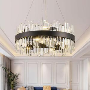 24'' Modern Black Crystal Chandeliers for Dining Room,2 Tiers K9 Crystal 12-Lights Luxury Chandelier Light Fixture Contemporary Pendant Ceiling Light for Living Room Kitchen Island Foyer