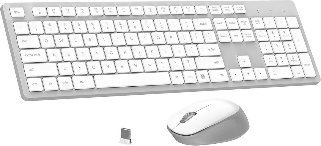 LeadsaiL K786 Wireless Keyboard and Mouse Combo, 2.4GHz Lag-Free Wireless, Full Size Ergonomic Keyboard Silent Mouse for Windows Mac PC Laptop, 12 FN Shortcuts, Long Battery Life - White and Grey