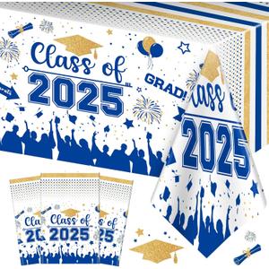 Graduation Decorations Class of 2025 Tablecloth - 3 Pcs Plastic Congrats Grad Table Cloth, Graduation Table Cover for Graduations Party Decorations 2025 and Party Supplies, 54"x108" (Blue and Gold)