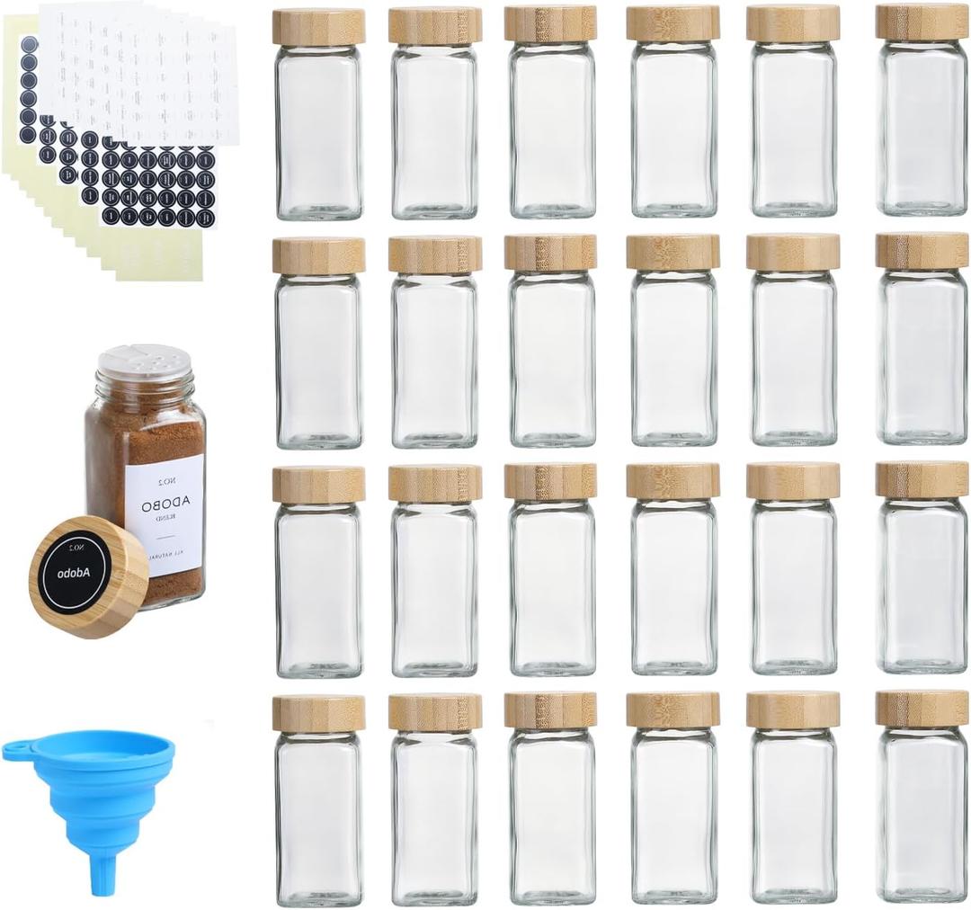 4 oz Glass Spice Jars with Bamboo Lids, Clear Empty Jars with Labels Stickers, Collapsible Funnel, Seasoning Storage Bottles for Spice Racks (24 Pack)