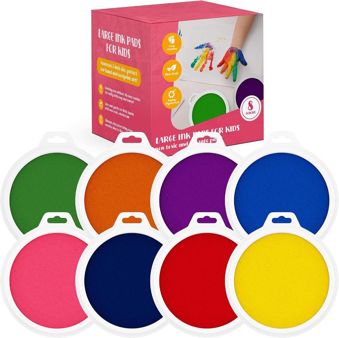 8 Pc Large Ink Pads for Kids - Washable Ink Pads for Kids - Hand/Handprint/Footprint Size - Washable Stamp Pads Kids Non Toxic Ink Pads for Stamps, Crafting, Finger Paint, Card Making, Gift for Kids