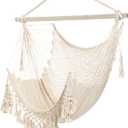 Hammock ChairMax 330lbs, Large Hanging Chair, Soft Cotton Rope Swing Chair with High Load-Bearing Metal Rod,Indoor Outdoor Garden Yard Living Room Use Beige