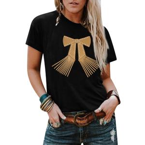 Cowgirl Shirt Women Embroidery Western Outfits PU Leather Star Graphic Tees Short Sleeve Tops, M