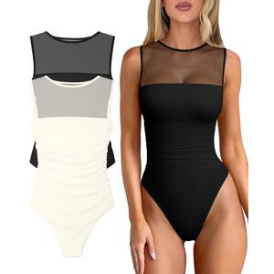 OQQ Women 2 Piece Bodysuit Mesh Ruched Sleeveless Turtle Neck Shapewear Body Suits One Piece Leotard Shirt Going Out Tops, M