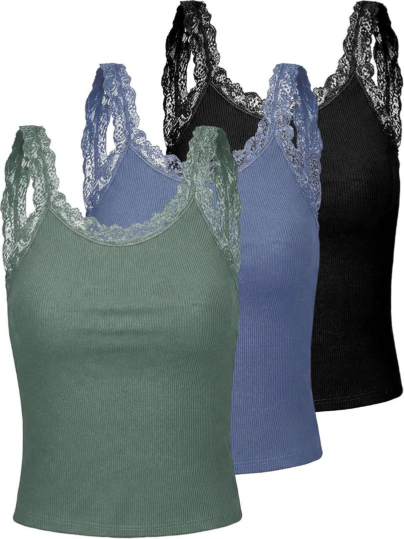 Sintege 3 Pcs Women's Lace Patchwork Tank Top Lace Camisole Tank Sleeveless Cami Crop Y2k Tops (Small,Gray-Blue,Gray-Green,Black)