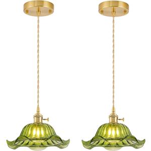 Vintage Pendant Lights Kitchen Island 2 Pack, Adjustable Pendant Light Fixtures with Green Lily Glass Lampshade, Gold Kitchen Pendant Lighting Over Island, Pendant Light for Dining Room Hallway