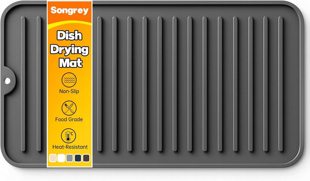 Songrey 12" x 6.5" Silicone Dish Drying Mat, Kitchen Counter Drying Pad for Sink Dishes or Under Rack, Multi-Use as Heat Resistant Trivet, Coffee Bar Mat