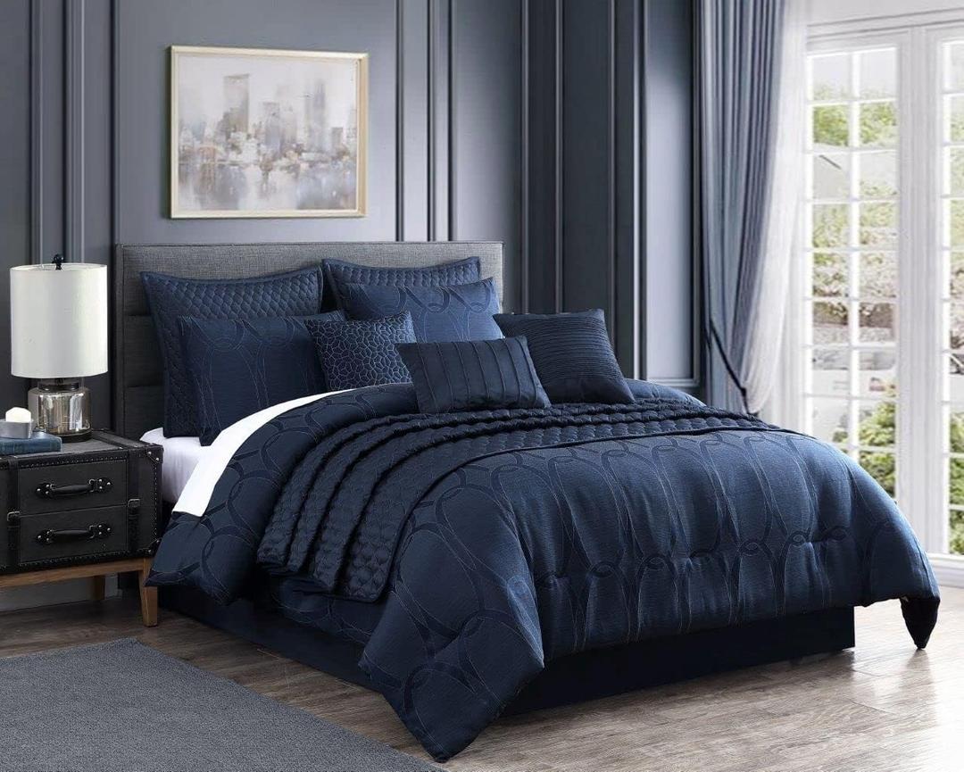 Riverbrook Home 100% Polyester Comforter Set, King, Destiny - Dark Blue, 10 Piece Set