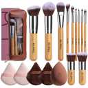 BS-MALL Makeup Brush Set 11Pcs Bamboo Synthetic Kabuki Brush Set Foundation Powder Blending Concealer Eye shadows Blush Cosmetics Brushes with Organizer Bag & Makeup Sponge (Bamboo 17)