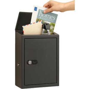 Mailbox with Combination & Key Unlock, Metal Mail Boxes Suggestion Box Wall Mount, Business Key Drop Box, Locking Post Box for House, Weatherproof, Large Capacity 14x4x10in,Black