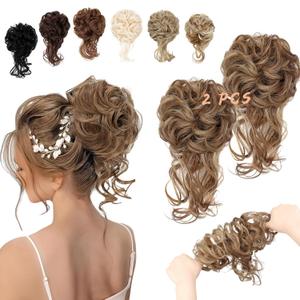 2PCS Messy Bun Hair Piece Tousled Updo with Tendrils Wavy Curly Hair Bun Scrunchies Ponytail Extension Elastic Band Hairpieces For Women (Light Brown mix Ash Blonde)