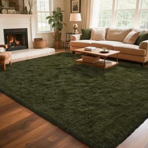 Shag Area Rug for Bedroom, 6x9 Feet Fluffy Rugs for Living Room, Plush Carpet with Non-Slip Bottom for Office Girls Boy's Bed Bedside Nursery Room, Olive Green