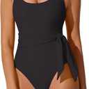 RXRXCOCO Women One Piece Swimsuit Tummy Control Cute Waist Tie Slimming Bathing Suit Cutout Full Coverage Swimwear (Medium, Black)