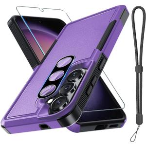 for Samsung Galaxy S26+ Plus Case with Screen Protector+Camera Lens Cover,Military Grade Heavy Duty Shockproof Phone Cover with Wrist Lanyard Strap for Samsung S26Plus,Lavender