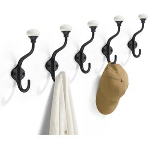 TUNNY Coat Hooks - 5 Pack Matte Black Towel Hooks Robe Hooks Decorative Wall Hooks for Bathroom Bedroom Kitchen Towel Robe Clothes Cabinet Closet Bathroom Hardware