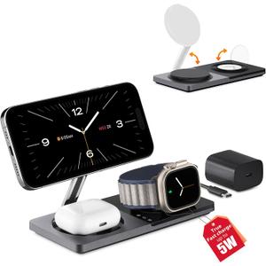 3 in 1 Wireless Charging Station for Apple Device: Fast Charging Station for iPhone and Watch with MagSafe, Foldable Charger Stand for iPhone 12-16 & iPhone 16 & iWatch & AirPods (Black)
