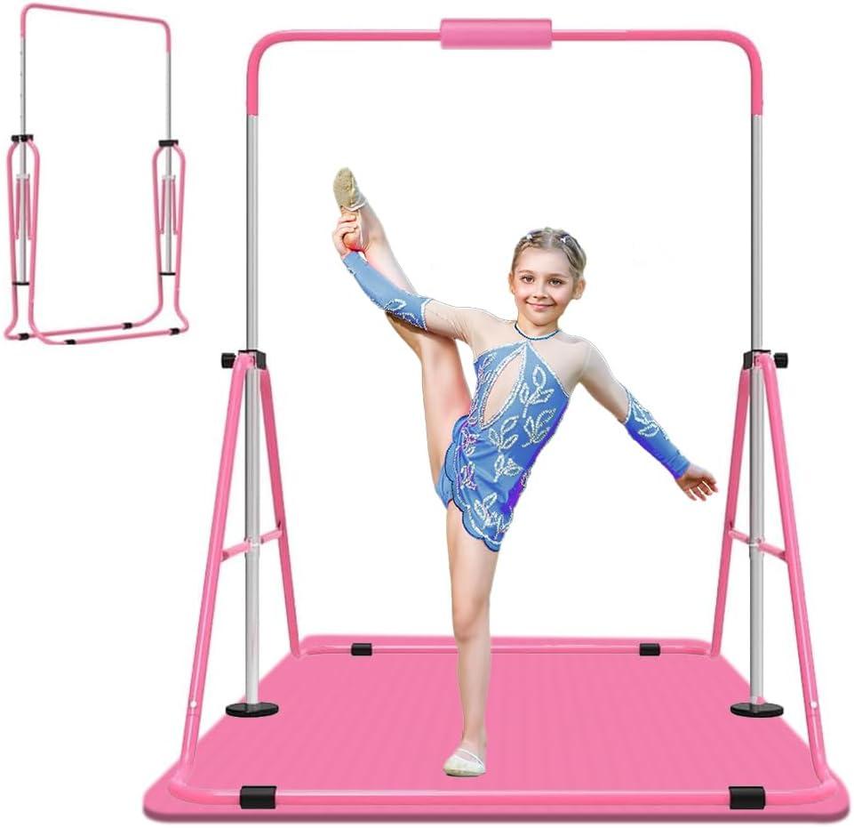 Gymnastics Bar for Kids, Adjustable Height Gymnastic Horizontal Bars with Mat, Folding Gymnastic Training Monkey Bars, Junior Expandable Training Kip Bar for Home, Pink