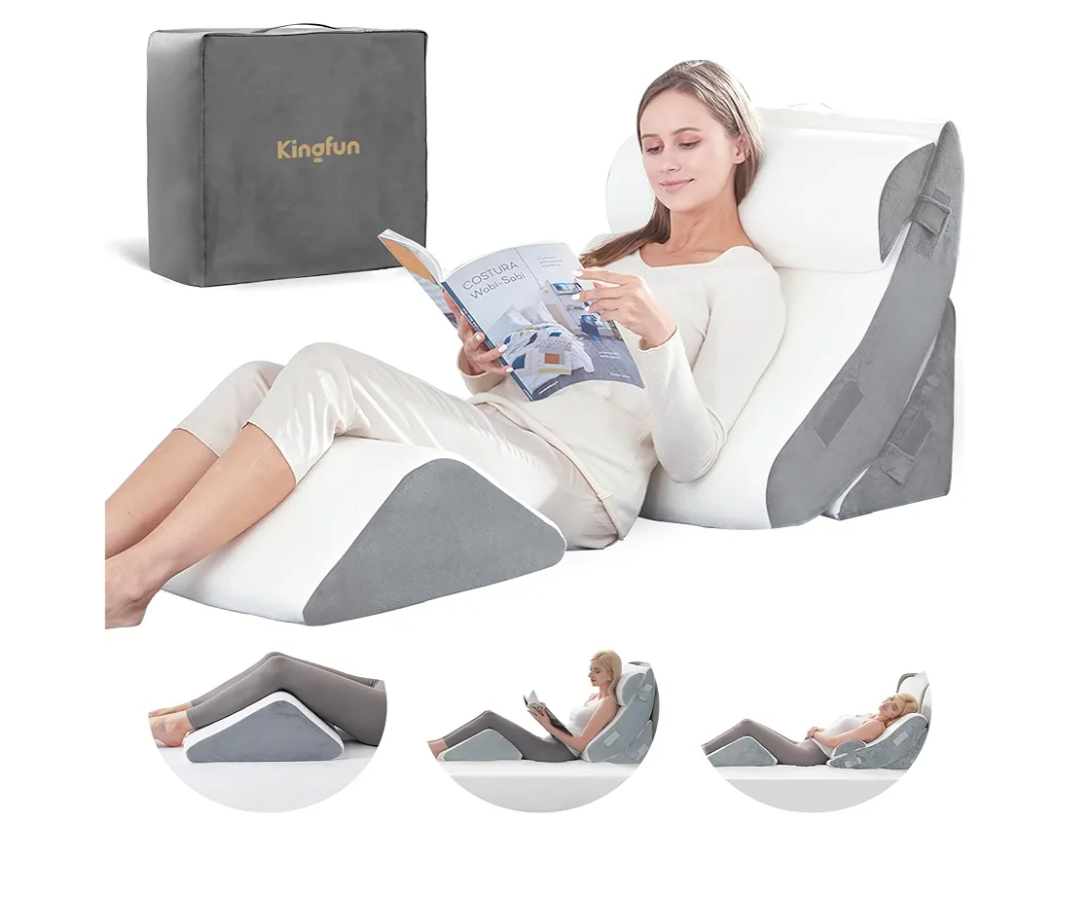 Kingfun 4pcs Orthopedic Bed Wedge Pillow Set for Post Surgery, Memory Foam for Sleeping, Adjustable Leg, Back and Arm Support, Sitting Up and Rest Pillow with Travel Bag