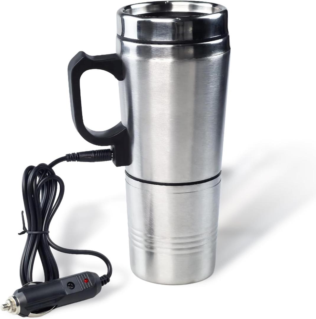 12V Car Heating Cup, Stainless Steel Electric Car Kettle with Cigarette Lighter Plug, Portable Travel Insulated Heated Mug, Vehicle Heated Coffee Cup Mug Warmer, for Hot Water Tea Coffee Making
