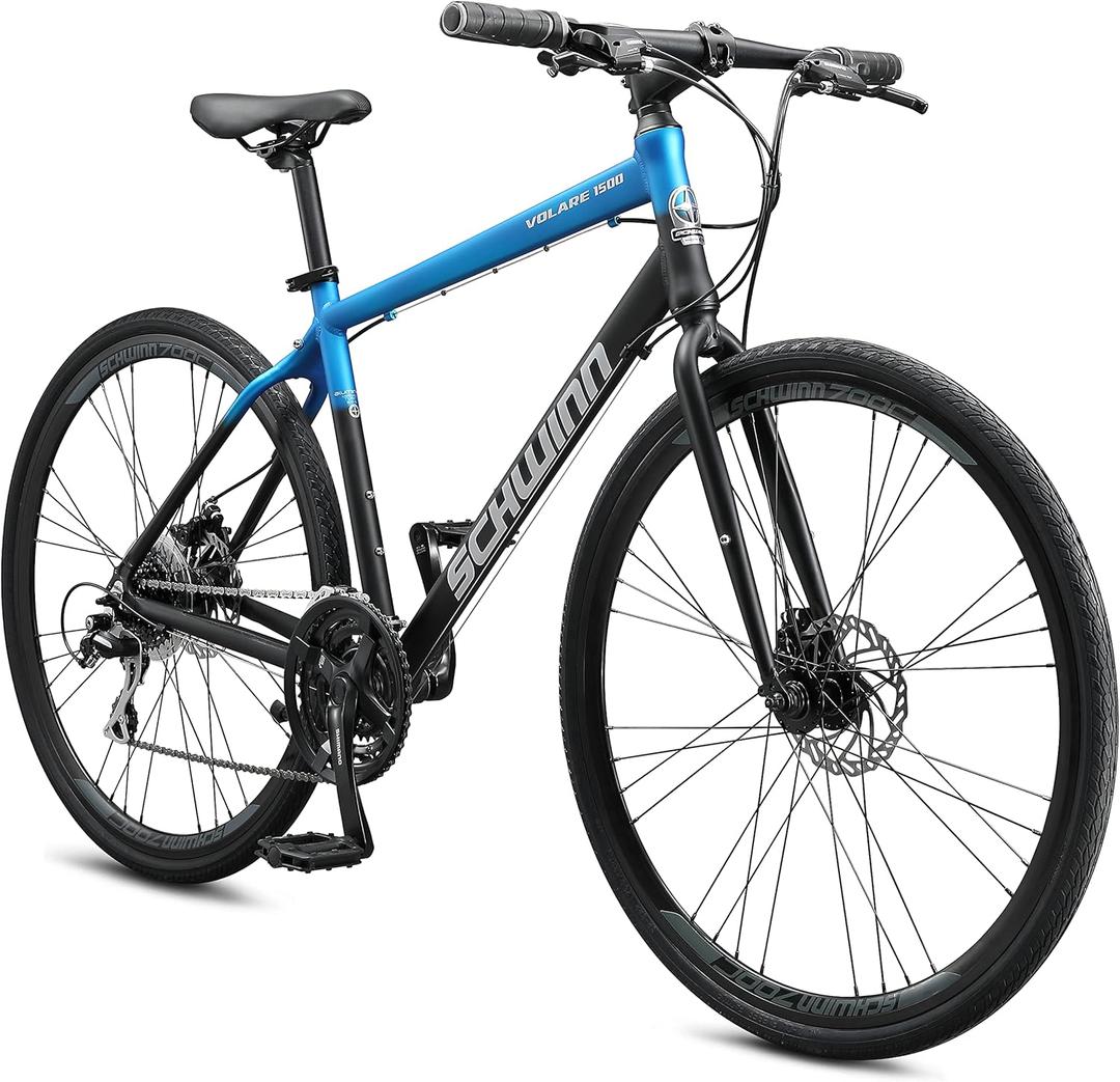 Schwinn Volare 1500 Flat Bar Hybrid Sports Road Bike, Men and Women, 24-Speed, 700c Wheels, 20-Inch Aluminum Frame, Mechanical Disc Brakes, Blue/ Black