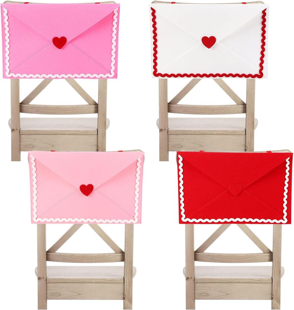 Mindsoft 4 Pcs Valentine's Day Envelope Chair Covers Envelope Seat Storage Pockets Felt Valentine Chair Covers Gift Love Heart Seat Cover for Kitchen Wedding Party Home Celebration 