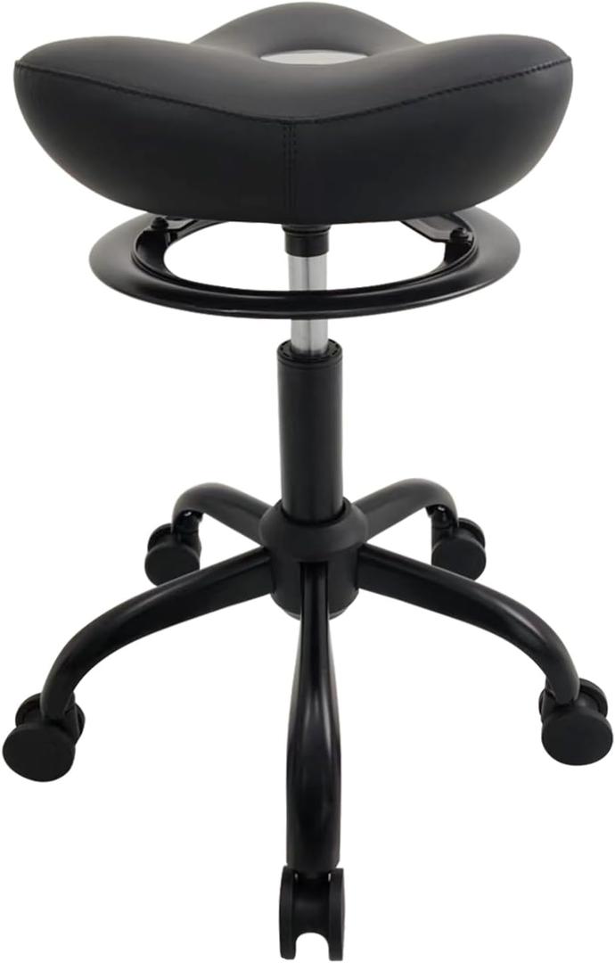 Rolling Stools with Wheels, Adjustable Height Salon Stool with Tangle-Free Hair Roller, Rolling Stools Chair for Salon, Bar, Home, Office, Tatoo, Medical, Massage (Black)