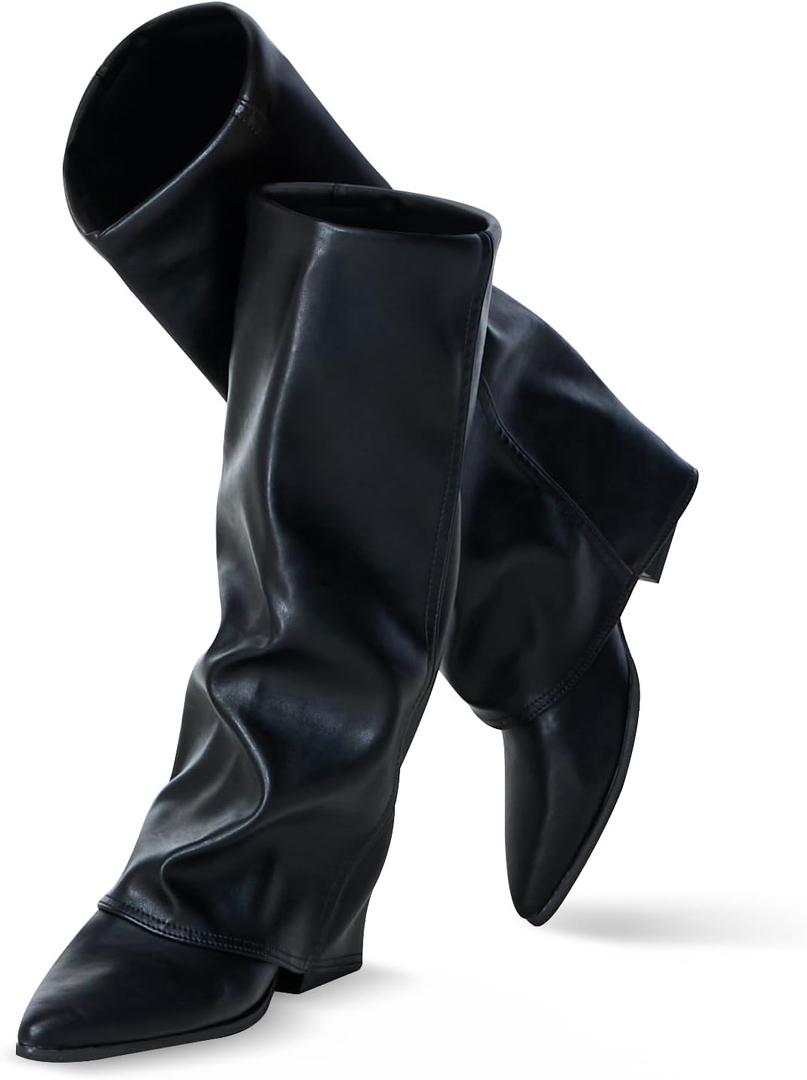 Knee High Boots Women, Fold Over Shark Boots Pointed Toe block heels Wide CalfMinimalist Street Style Faux Leather Boots for Fall & Winter (Size 8.5, Black)