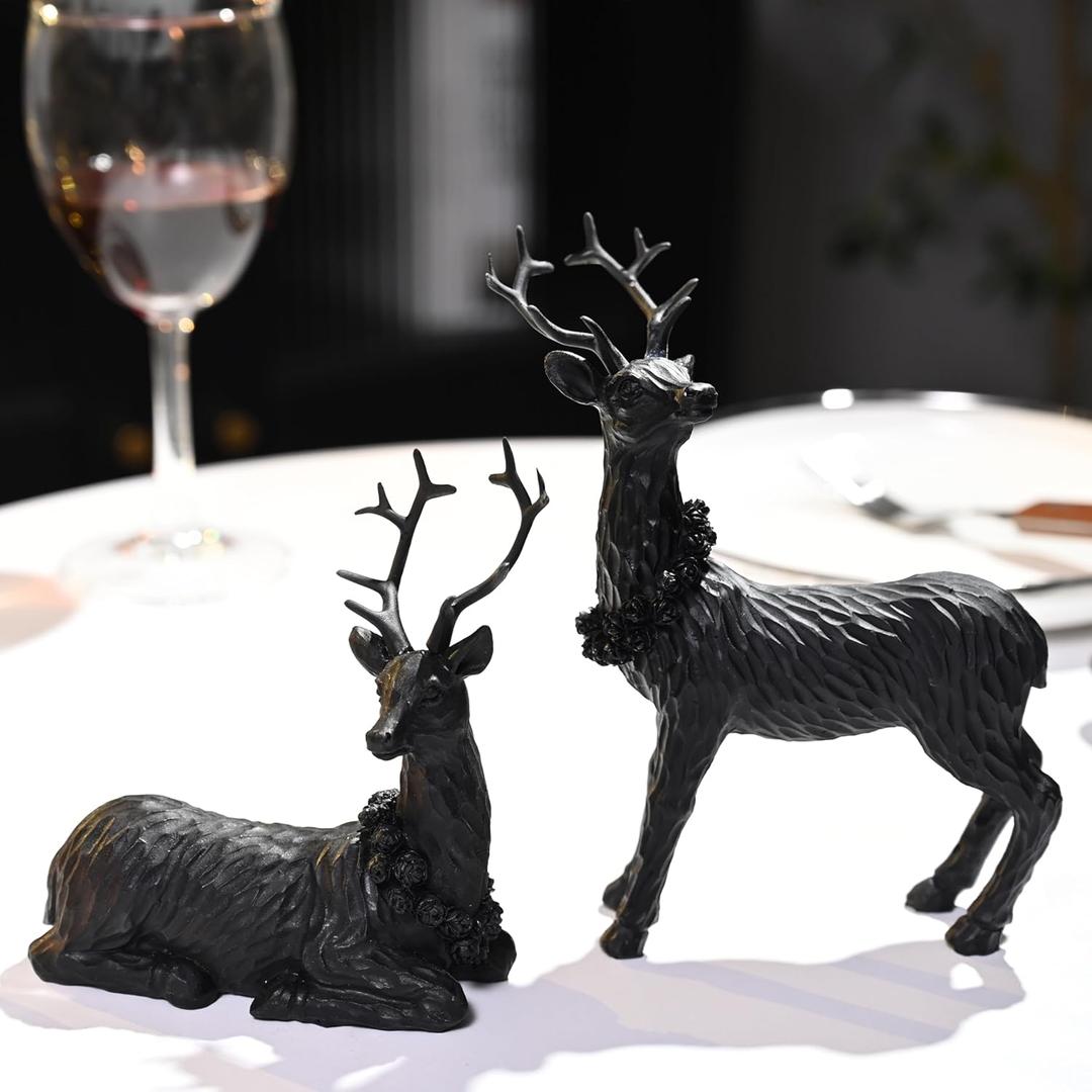 AOMOONOA Black Christmas Reindeer Figurines, 2Pcs Small Reindeer Christmas Decoration Indoor, Tabletop Reindeers Statue Christmas Decor, Resin Deer Figurine Decorations for Home (Set of 2)