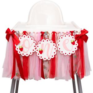 Strawberry One Highchair Banner - Berry First Birthday High Chair Banner, Berry Sweet One Birthday Decorations for Party, Anniversary, Cake Smash, Photo Prop