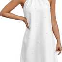 OYOANGLE Women's Pearl Decor Halter Neck Sleeveless Dress Tie Back Solid Elegant Short Dresses (White) S
