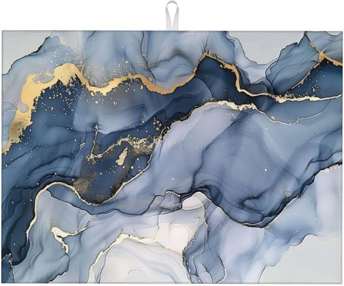 Marble Blue Dish Drying Mat for Kitchen Counter, Luxurious Marble Texture Dish Drying Pad with Anti-Slip Rubber Base