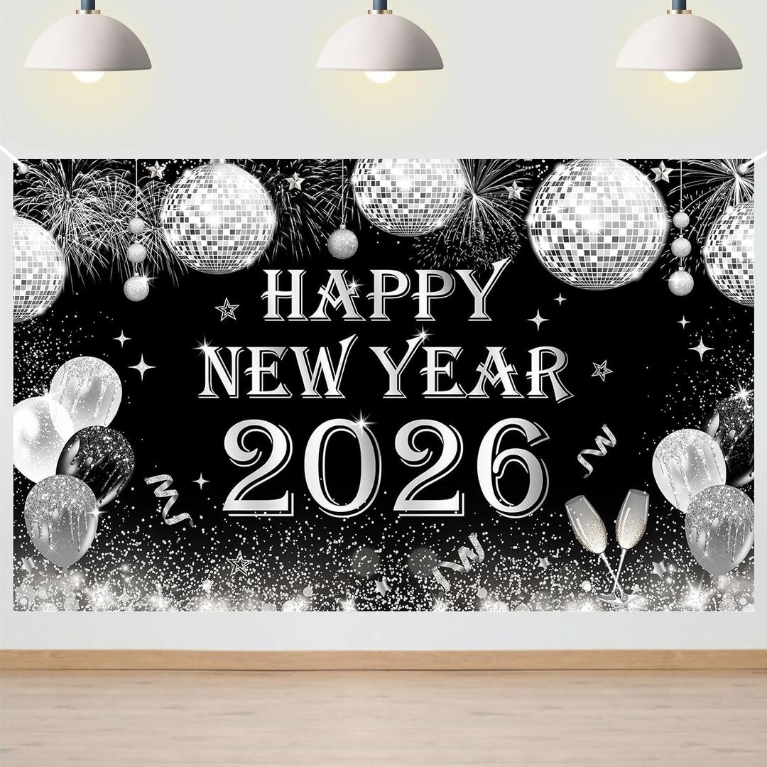 Avezano Disco New Years Decorations Happy New Year 2026 Banner 6 x 3.6 ft Black Silver Eve Backdrop for Holiday Party Supplies