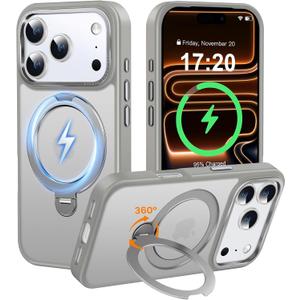 Magnetic 360 Stander for iPhone 17 pro max Case, Gray | Mil-Grade Protective, Shockproof, Translucent Matte Non-Slip Finish, Anti-Scratch Phone Case for iPhone 17 Pro Max