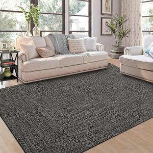 ROYHOME 9x12 Area Rug Large Machine Washable Rug for Living Room Print Braided Floor Cover Stain Resistant Non-Slip Farmhouse Solid Printed Textured Carpet for Home Decor, Grey/Brown