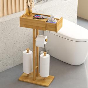Free Standing Toilet Paper Holder with Storage,Bamboo Stand Toilet Tissue Holder for Mega Roll,Bathroom Freestanding Tp Holder with Drawer for Wipes,Toilet Paper Storage with Shelf, No Drill