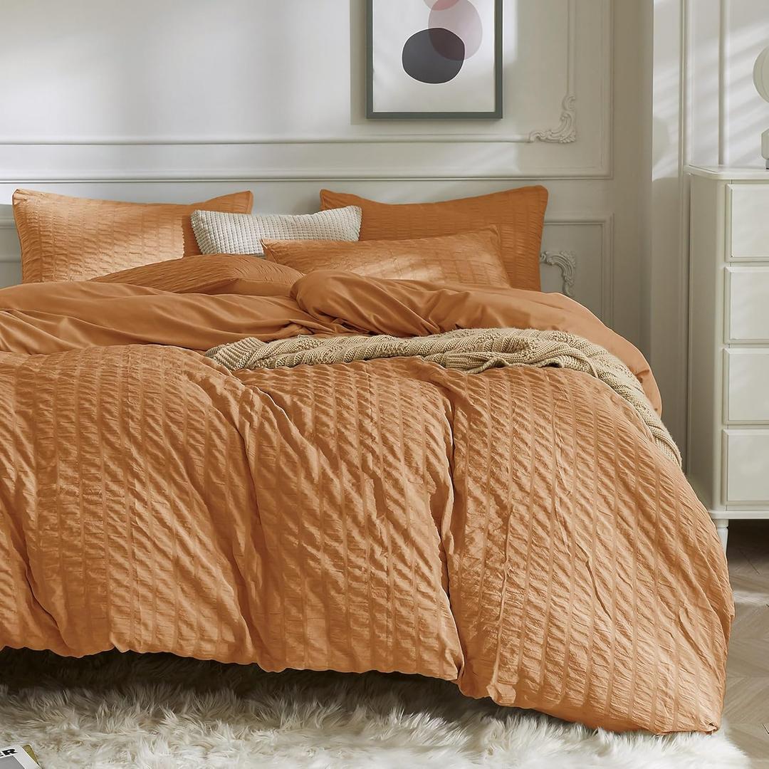 JELLYMONI Burnt Orange Duvet Cover Queen Size, 3pcs Washed Microfiber Bedding Set, Soft Breathable Seersucker Duvet Cover Set with Zipper Closure and Corner Ties for All Seasons