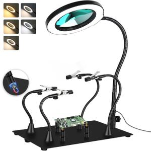 Drdefi Magnetic Helping Hands Soldering Station 10X Magnifying Lamp Large Base Third Hand Jewelry Tool Hands Free Magnifier Weighted Base with 4 Magnetic Pillar Crafts Making Electronic Hobby