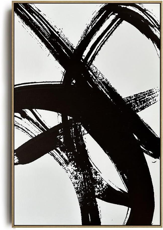 Muted Minimalism Black and White Lines Brushstrokes Abstract Wood Framed Canvas Wall Art for Bedroom - Minimalist Large Oversize 24x36 Ready to Hang Living Room, Aesthetic Retro Moody Line Print (36L" x 24W", Fine Art 14)