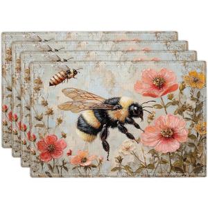 Taimeng Flower Bees Placemats Set of 4, Colourful Table Mats Washable Place Mats for Farmhouse Home Party Kitchen Dining Indoor Outdoor Restaurants 12x18 Inch