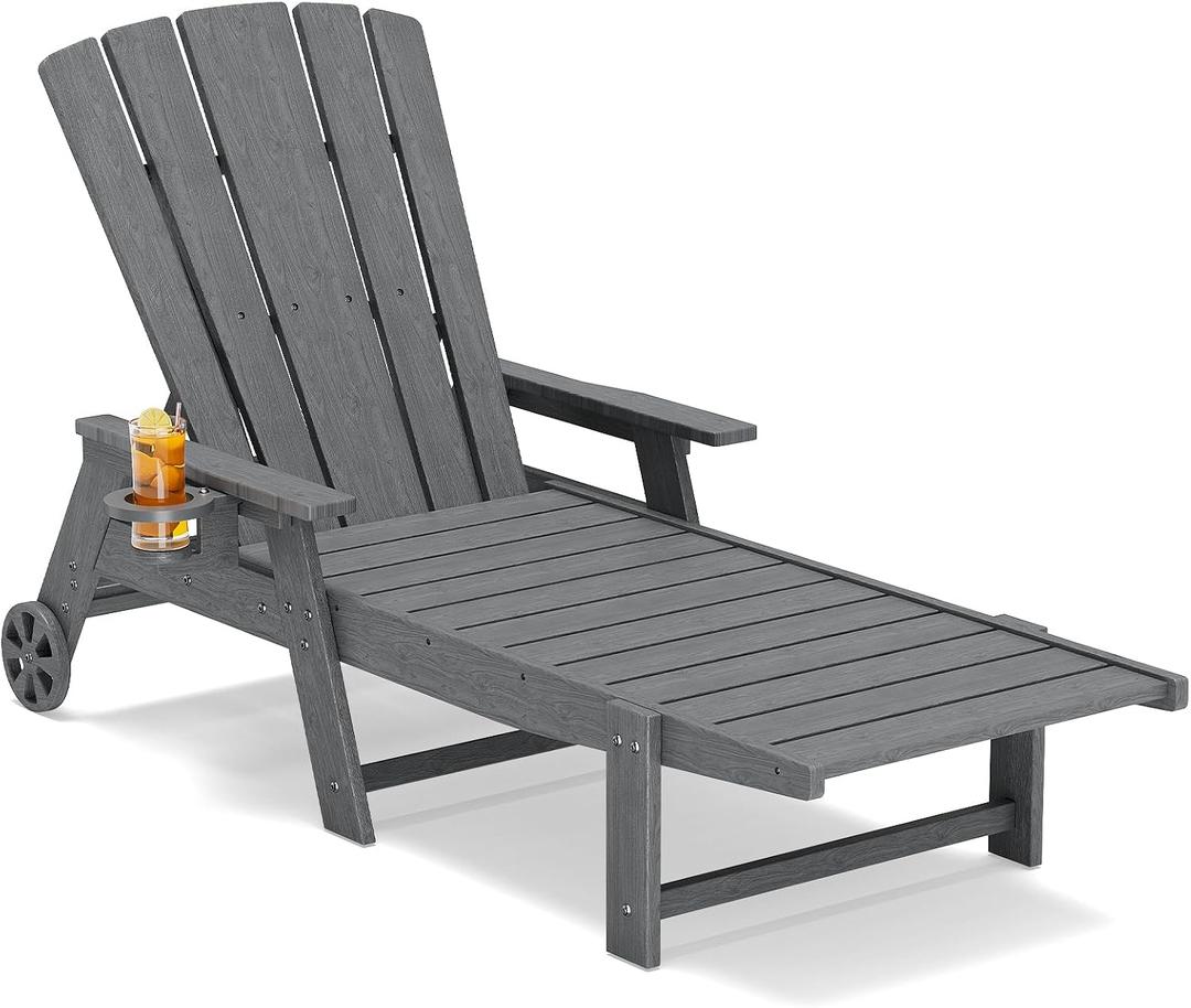 Outdoor Lounge Chair,HDPE 4-Position Adjustable Chaise Lounge Outdoor with Rolling Wheels & Cup Holder,All-Weather Heavy-Duty Pool Lounge Chairs for Poolside, Patio, Grey