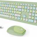 Wireless Keyboard and Mouse Combo, Colorful Ergonomic Full Size Retro Low-Noise Keyboard with Cute keycaps, Compatible with Windows, PC, Perfer for Home and Office Keyboards (Green) (Verdant Green)