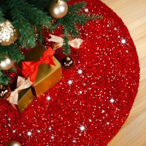Christmas Tree Skirt 48 Inch, Red Sequin Christmas Trees Skirt, Large Sparkle Xmas Tree Stand Base Used for Christmas Holiday Indoor Home Decoration