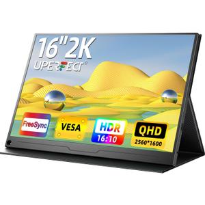 UPERFECT 2.5K Portable Monitor, 16" 2560x1600 QHD Portable Gaming Monitor HDR FreeSync Laptop Monitor w/VESA & Smart Case Matte IPS Eye Care External Second Screen for PC Laptop Phone Game Console