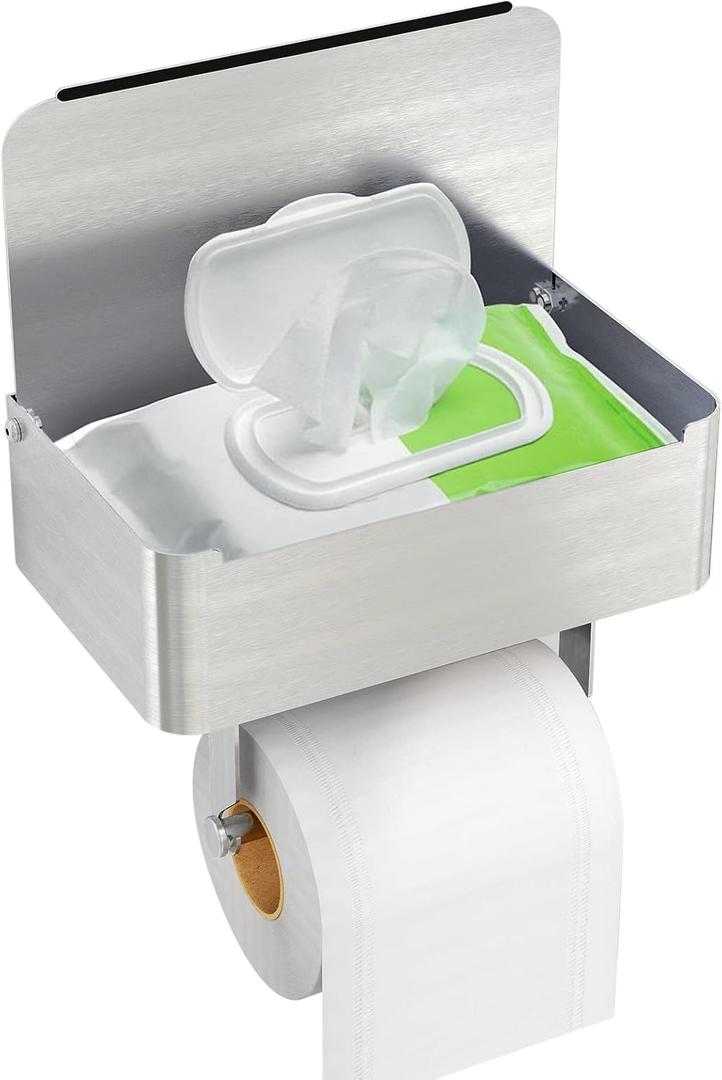 JUYSON Toilet Paper Holder with Shelf, Flushable Wipes Dispenser Fits for Bathroom Wipe Storage, Keep Your Wipes Hidden Out of Sight - SUS304 Stainless Steel Wall Mount Organizer (Brushed Nickel) (Chrome)