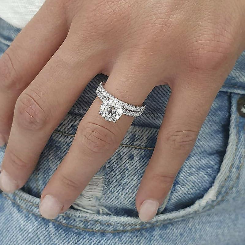 LIOYSIUT Platinum Plated Simulated Diamond Engagement Rings Set Princess Wedding Rings for Women Brilliant Cubic Zirconia Big Engagement Bridal Sets 925 Sterling Silver Promise Rings Set Size 7