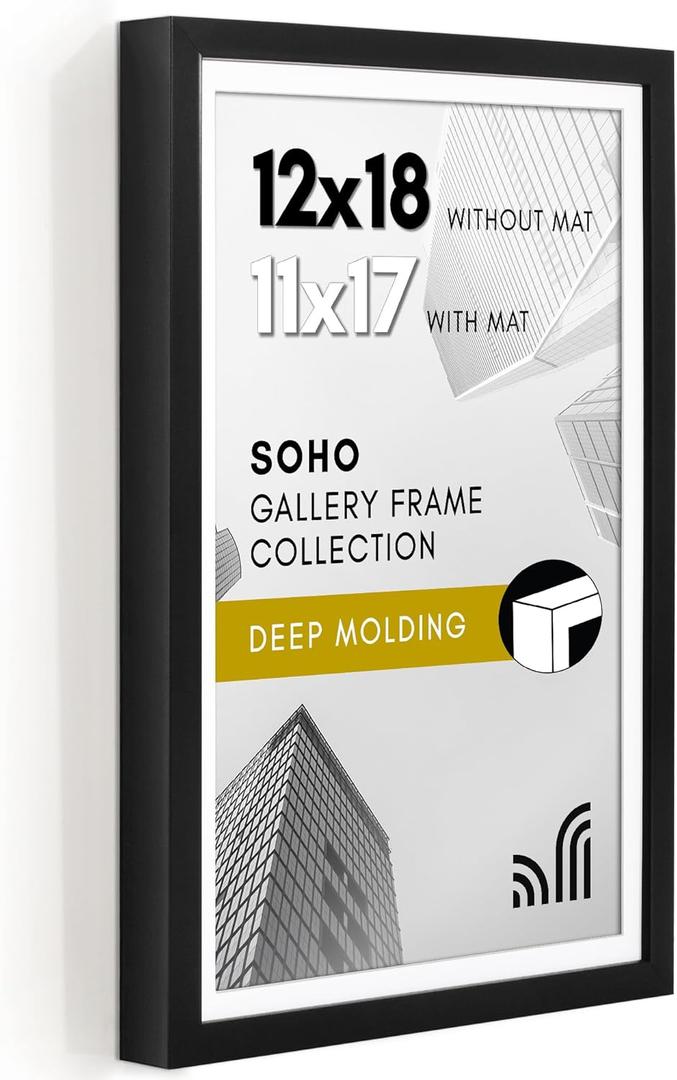 Americanflat 12x18 Poster Frame with Polished Plexiglass - Use as 11x17 Frame with Mat or Display 12x18 Photo Without Mat - Soho Collection - Deep Molding Picture Frames for Wall Display - Black