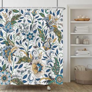 Blue Boho Floral Shower Curtain,Vintage Bohemian Flower Shower Curtain Set for Bathroom,Modern Luxury Fabric Bath Curtain with Hooks, 72x72in